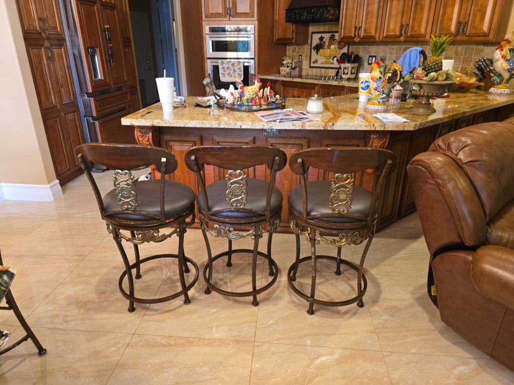 Set Of 3 Leather Swivel Bar Stools