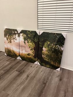 Large Nature Canvas Wall Art Set 3 Panels Forest Lake Scene