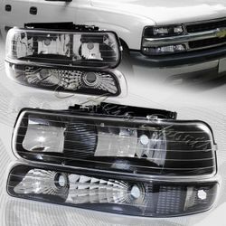 For 00-06 Chevy Tahoe Black Housing Headlights W/ Bumper Clear Reflector Lamp -(4-HL-SILV9902BC-0-2