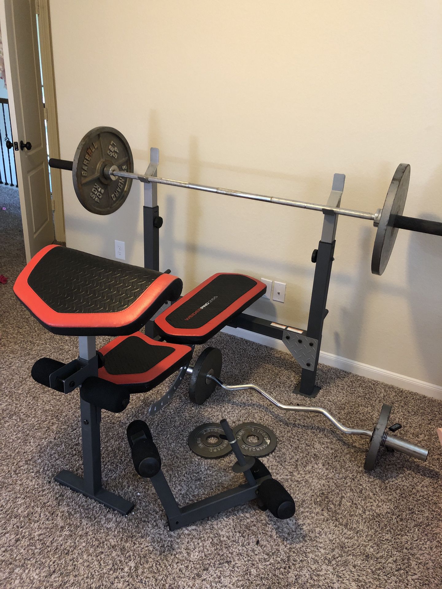 Weight bench with curl bar and weights