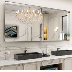 LOAAO 72X32 Inch Brushed Nickel Bathroom Mirror, Rounded Rectangle Silver Metal Frame Mirror, Brushed Nickel, Anti-Rust, Shatter Proof, Hangs Horizont