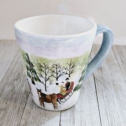 Nantucket Home 4.25"×4" Ceramic Coffee Mug Tea Cup with Horse & Sleigh Winter Holiday Motif Design. Microwave & Dishwasher Safe.

Pre-owned in excelle