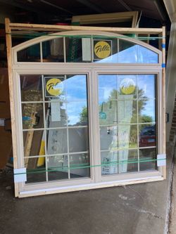 New arched window , vinyl , almond , fixed , 69 1/2 by 70 1/4