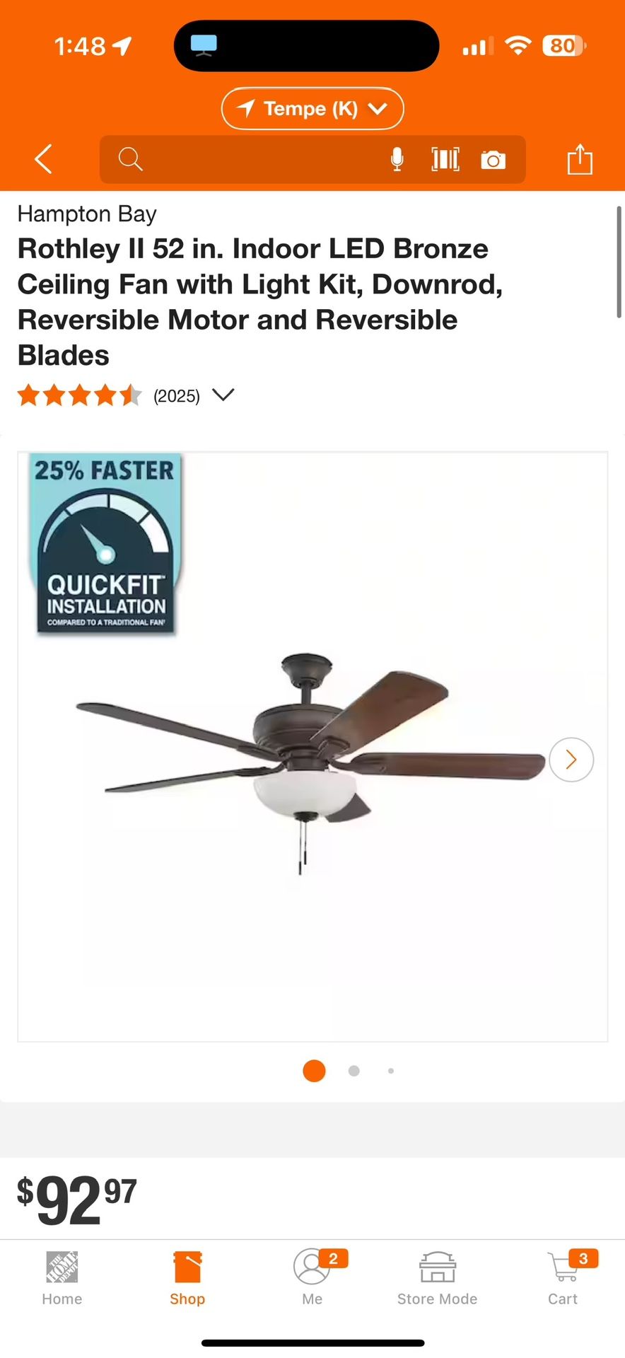 Hampton Bay Rothley || 52 in. Indoor LED Bronze Ceiling Fan with Light Kit, Downrod, Reversible New $75