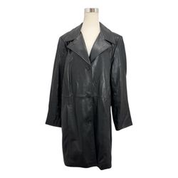 Vintage Alfani Women's Black Leather Trench Coat Retro Goth Streetwear Size 2X