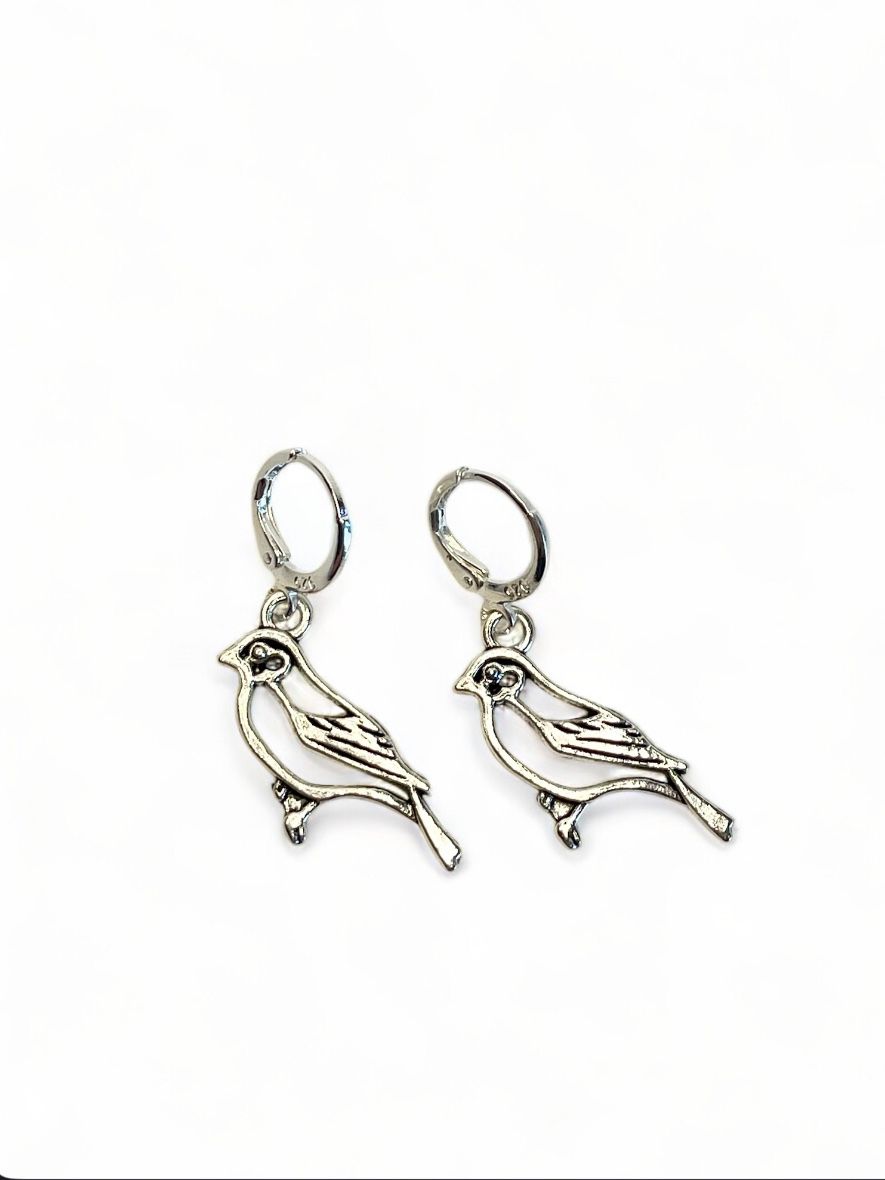 Bird robin earrings Sterling Silver Hoops Huggies 1 inch Drop Y2K