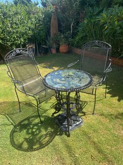 Cast Iron Rose Bistro Patio Set & Wind-Proof Tropical Tiki Umbrella