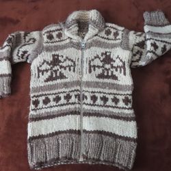 Vintage Cowichan Thunderbird Knit Cardigan Sweater Hand Knit Wool unisex NSF