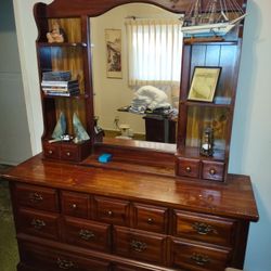 Wood Dresser With Mirror + 2 Nightstands 