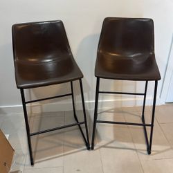 Modern Brown Leather Bar Stools (Set of 2)