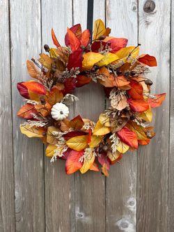 Fall Autumn Wreath with Magnolia Leaves and Pumpkin