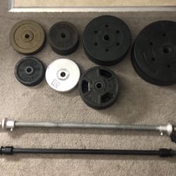 2 Bars And Round Free Weights (Approximately 205 lbs TOTAL)