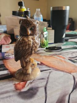 Ceramic Owl Figurine with Green Glass Eyes