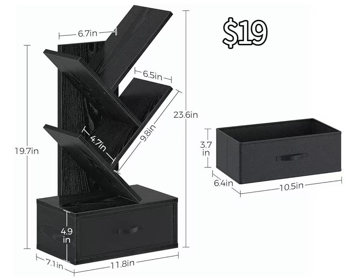 😀Bookshelf with Drawer, 4 Shelf Tree Bookshelf, Wooden Bookshelves Storage Rack for CDs/Movies/Books, Black Bookcase, Utility Organizer Shelves