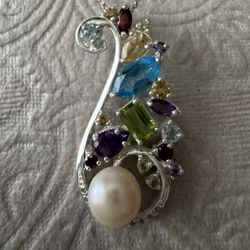 Sterling Silver ~8MM Pearl & Multi-Gemstone Cluster Pendant Necklace 18”