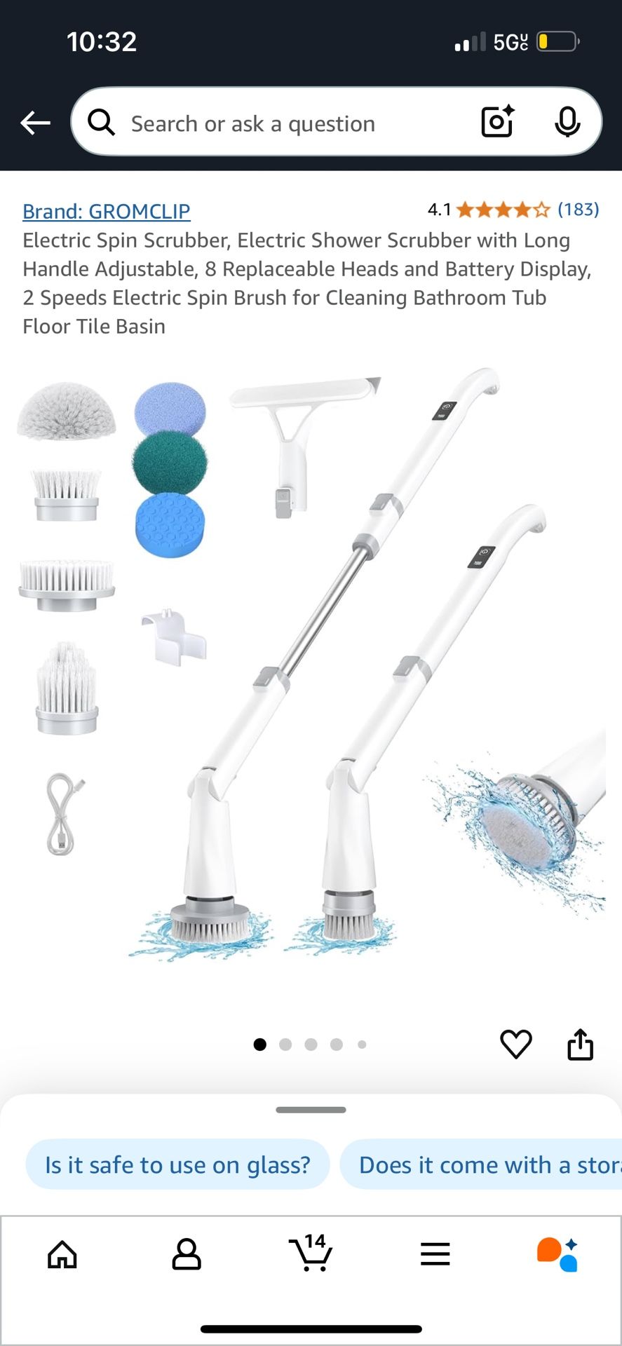 Electric Spin Scrubber, Electric Shower Scrubber with Long Handle Adjustable, 8 Replaceable Heads and Battery Display, 2 Speeds Electric Spin Brush fo