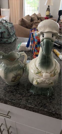 Ceramic Duck Cookie Jar and Floral Pitcher Set