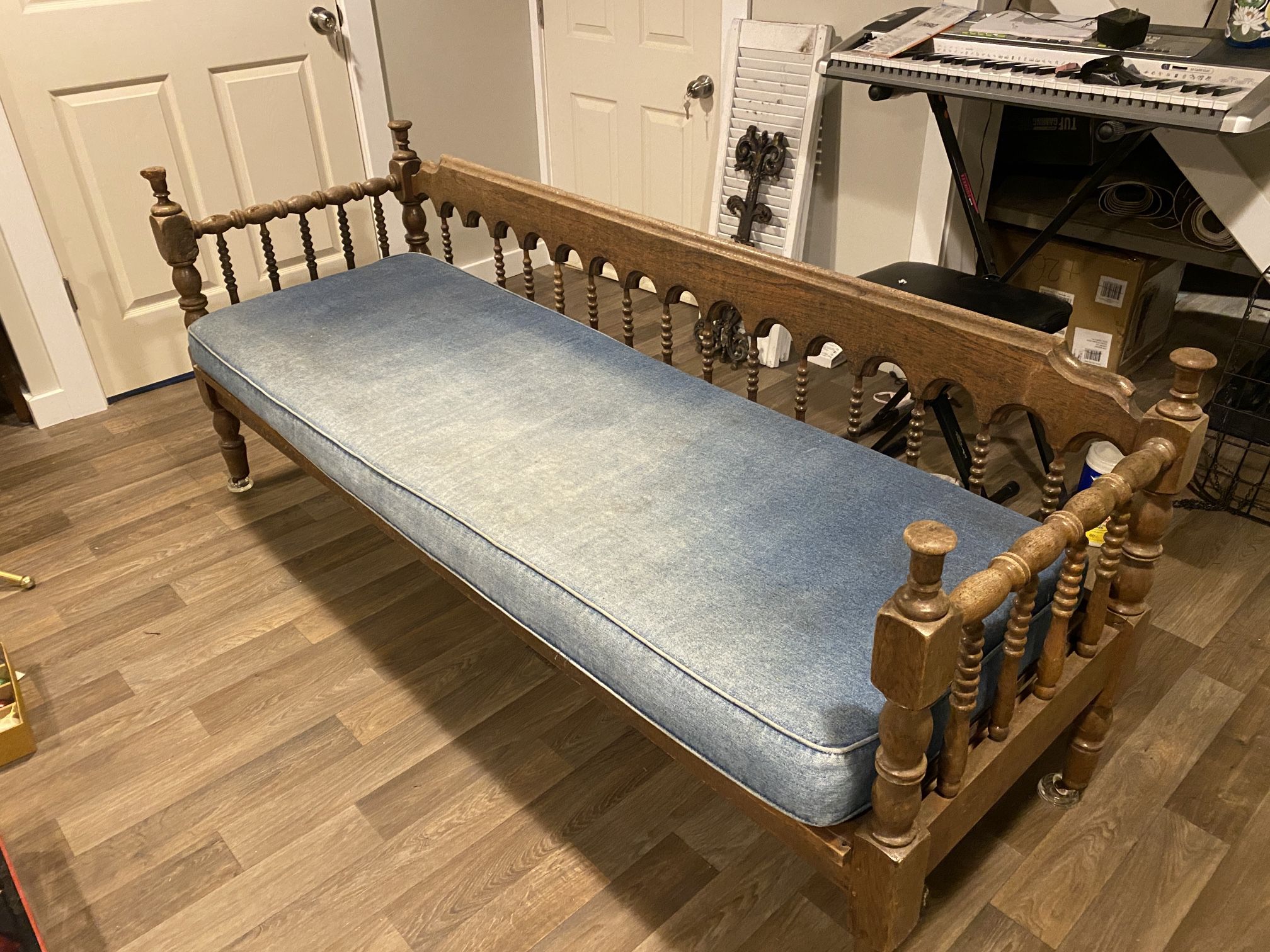 Vintage Outdoor Wood Bench With Denim Cushion Spindle Rail