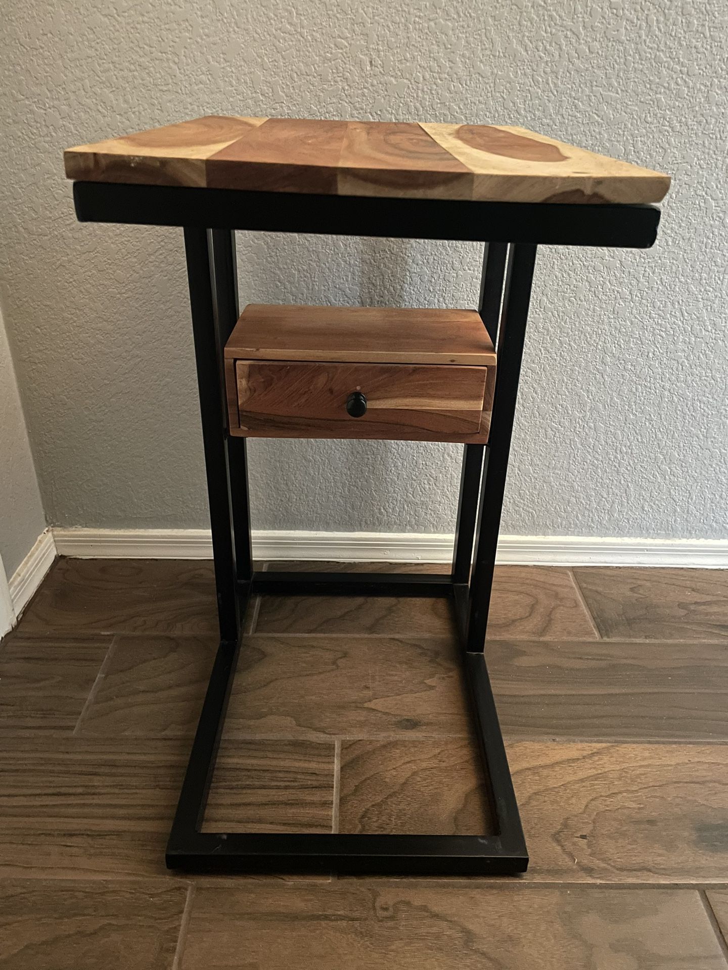 Wooden End Table With Drawer And Metal Sides