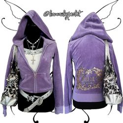 Vintage Y2K Juicy Couture Velour Tracksuit Zip-Up Jacket Hoodie in Lavender/Lilac Purple and Gold Glitter Spell Out