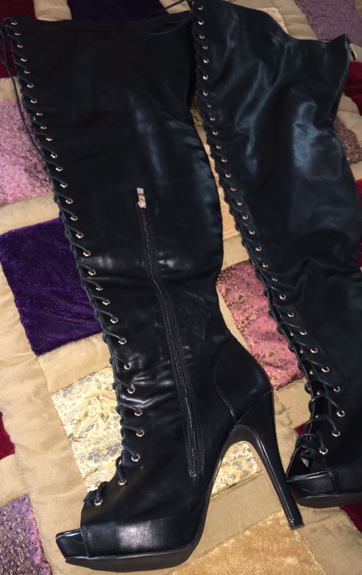 Black thigh high peek-a-boo boots women’s 9w