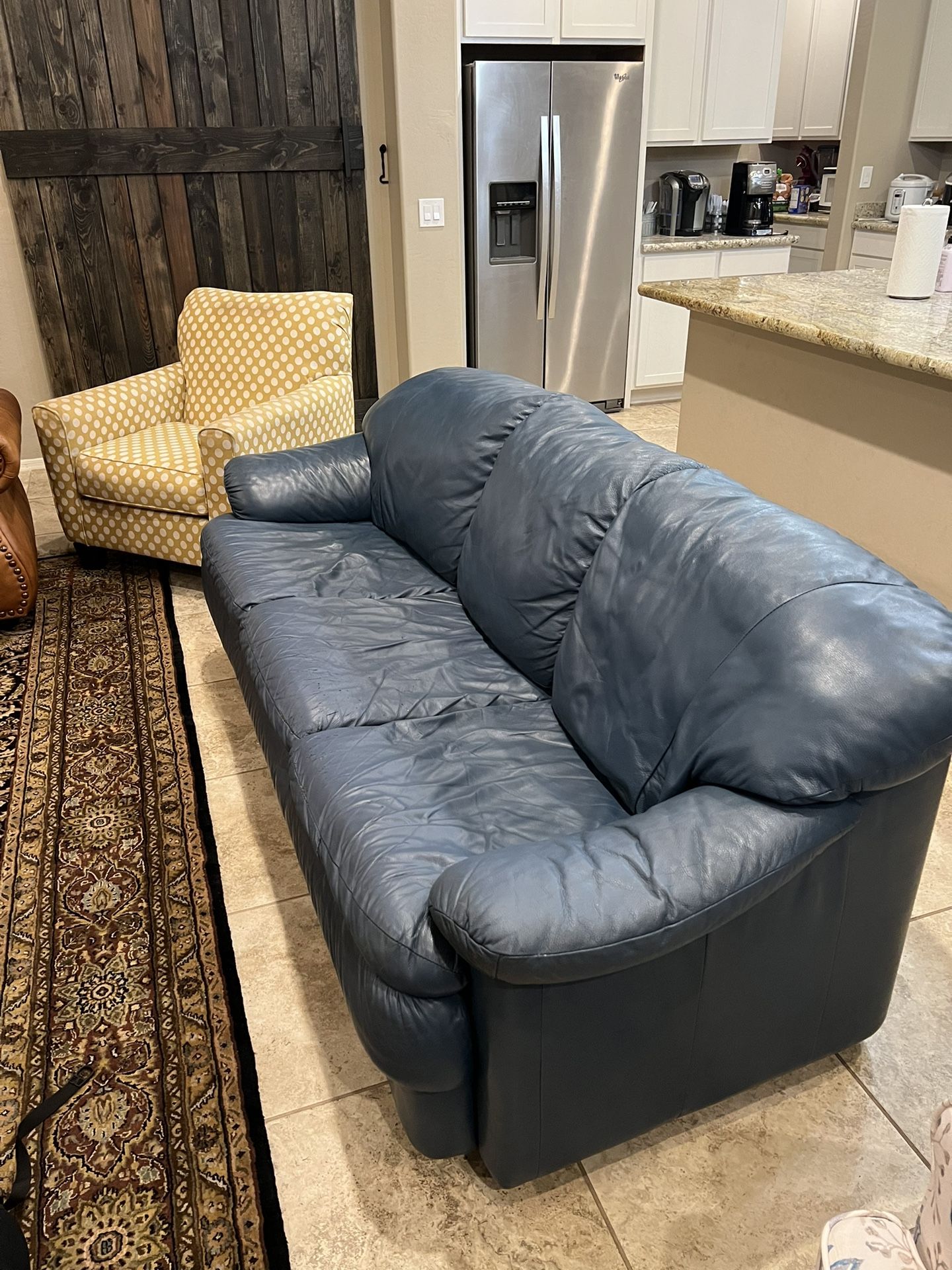 Real Leather Sofa, Chair, And Ottoman Set (Blue)