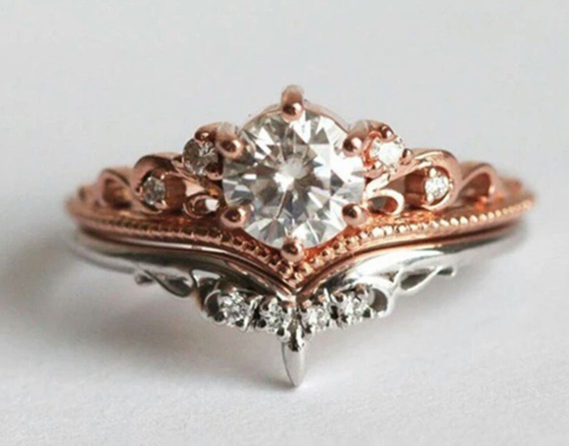 14K Rose Gold Crown Diamond Ring Set in 925 Sterling Silver