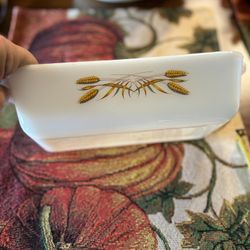 Vintage Fire King Milk Glass Loaf Baking Dish Wheat Pattern #409 1 Qt
