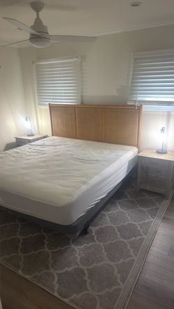 King size bed with headboard , frame, 2 night stands and 2 lights