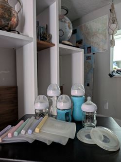 Philips baby glass bottles, silicon milk bags and nipple shields
