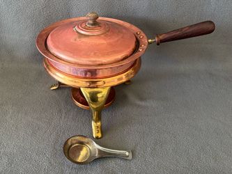 Vintage Solid Copper Japan chafing dish / food warmer with brass tripod stand, matching lid, removable serving pan, wood handle, and original burner s