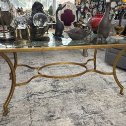 Hollywood regency palm beach antique vintage gold coffee cocktail table. Beveled glass & claw feet.