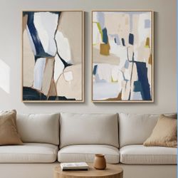 Contemporary Large Framed Minimalist Neutral Abstract Wall Art. (Set of 2) Each 24"× 36"
