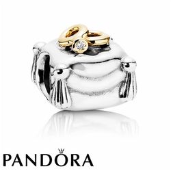 Pandora, "Romantic Union" Charm in Sterling Silver with 2 Gold Rings - One topped with a Sparkly Diamond,  Stamped S925 ALE,