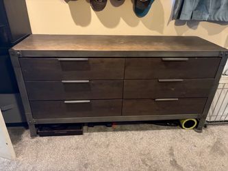 Large Dresser with metal and wood. Dark brown and gunmetal gray. Heavy