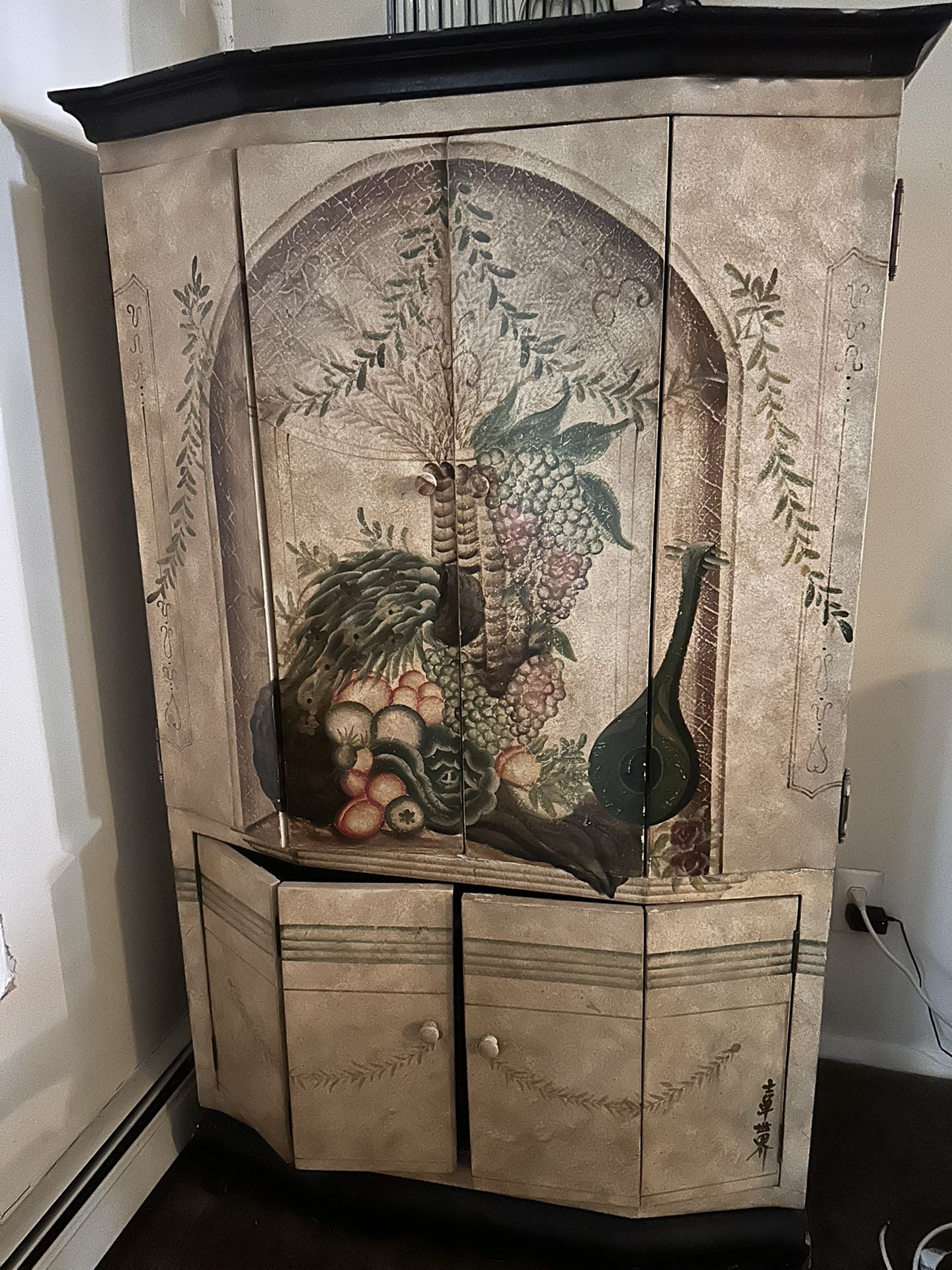 H and-Painted Tuscan Corner Cabinet – Vintage Fruit & Wine Design
