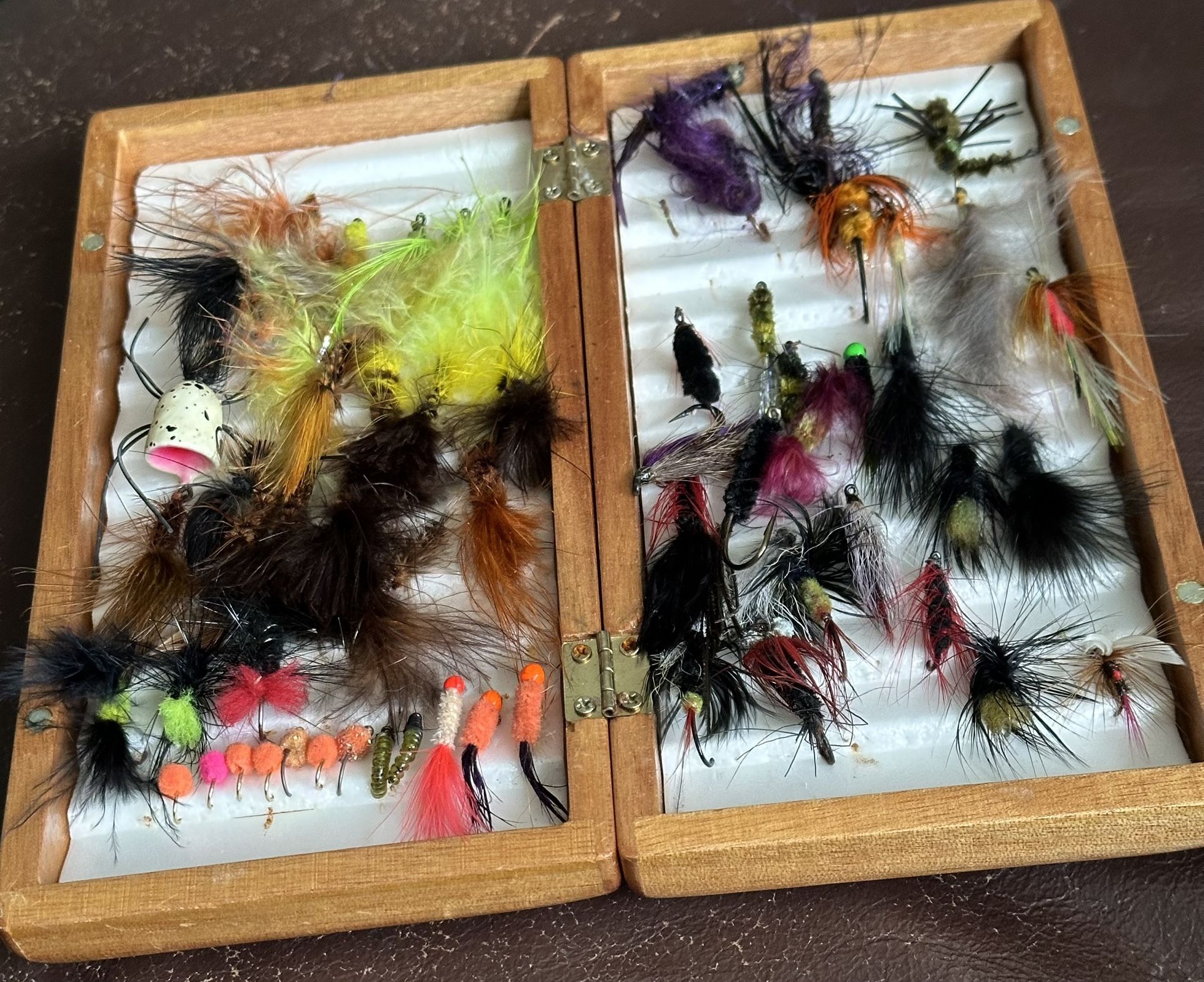 Assorted Fishing Flies in Wooden Box