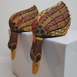 Wood Ducks Carved Balsa Shelf Sitters Hand Decorated ~ Set of 2