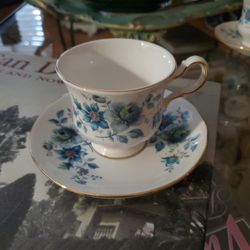 Vintage Queen Anne Pattern 8500 Teal Blue Floral Banquet Tea Cup And Saucer