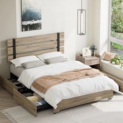 Full Bed Frame with 4 Storage Drawers, Industrial Wood and Metal Panel Headboard, Grayish
