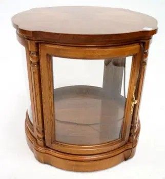 REGENCY STYLE CARVED AND INLAID MAHOGANY LIGHTED ROUND CURIO CABINET