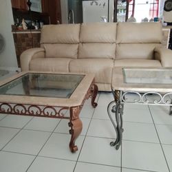 1 Sofá Reclinable Y 2 Mesitas De Mármol,Metal y Cristal