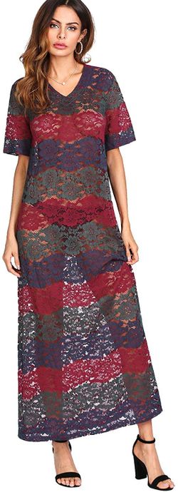 Small Women's Short Sleeve Tunic Semi Sheer Floral Lace Maxi Dress Cover up