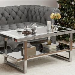 Mirrored Coffee Table with 2 Tier with Stainless Steel Legs