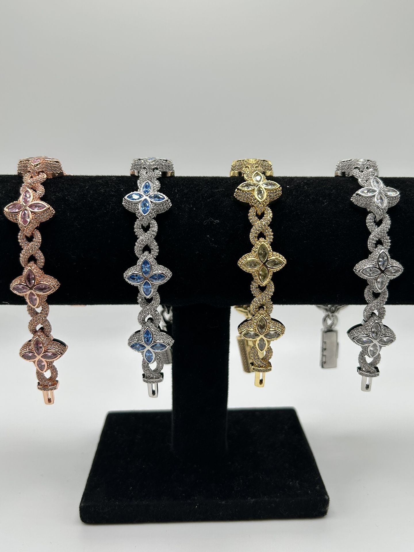 Flower 4 Leaf Clover Iced Out Premium Quality Bracelets | Gold Silver Rose Gold White Blue