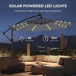10ft Solar LED Outdoor Cantilever Patio Umbrella with Base
