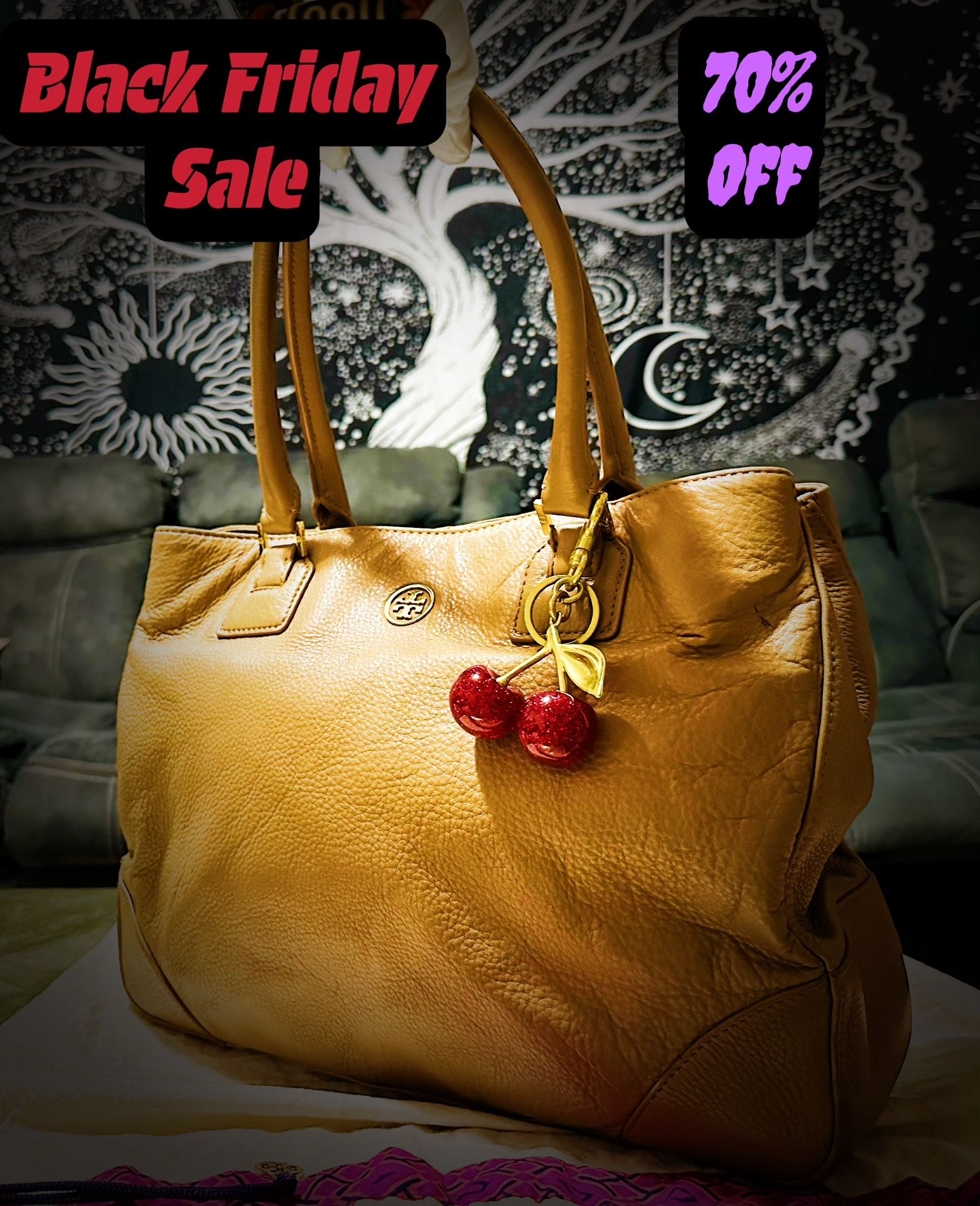 Tory Burch Tan Leather Tote Bag with Red gold cherry keychain Charm