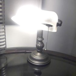 Vintage Desk Lamp With Bronze Base And Glass  Shade 