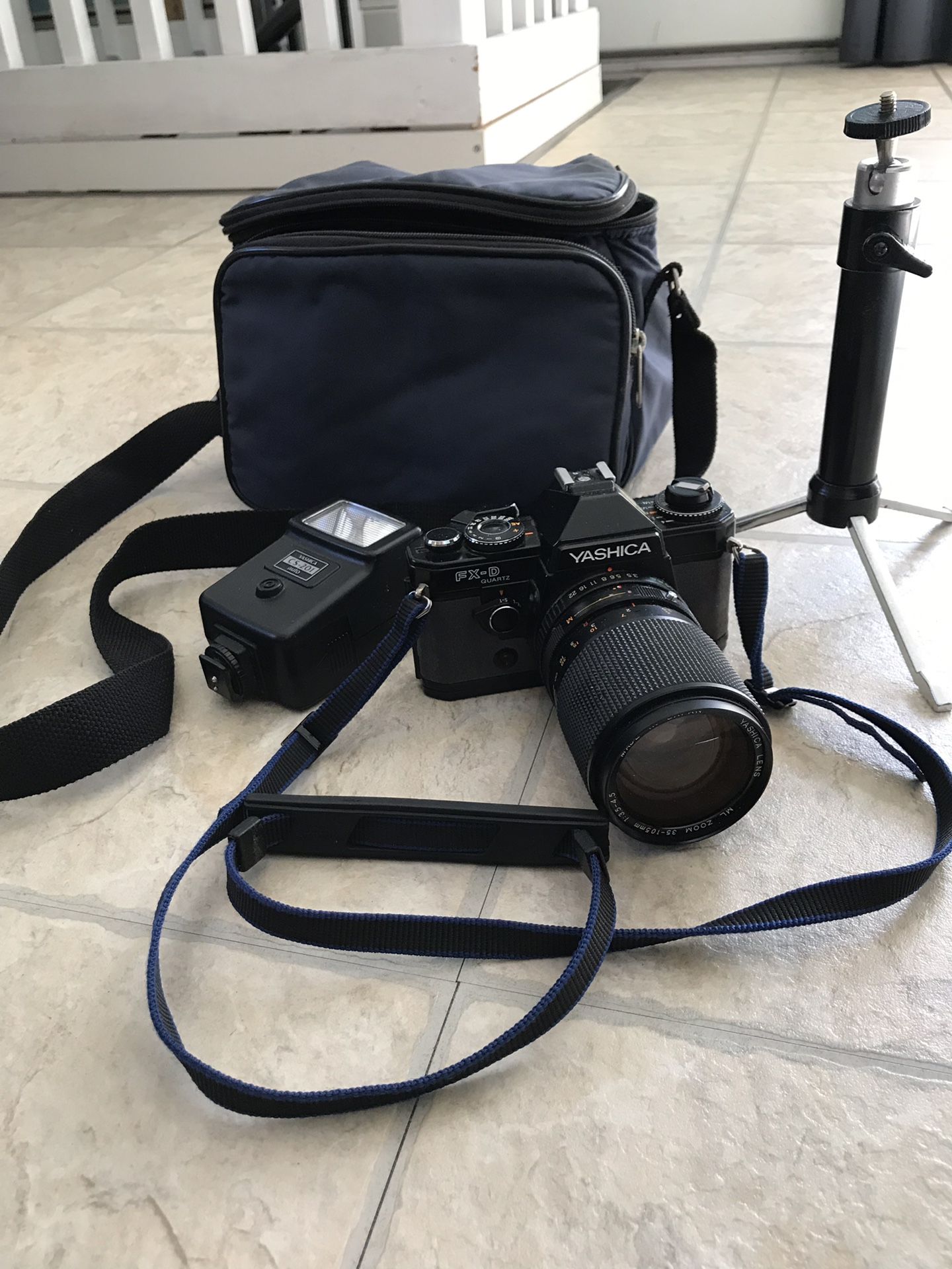 Yashica 35 mm camera w/ bag, flash, tripod