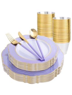 WDF 150Pcs Purple Plates Disposable - Baroque Lavender Purple And Gold Plates - 25Guest Plastic Dinnerware Ideal For Wedding/Party/Birthday/Bridal Sho